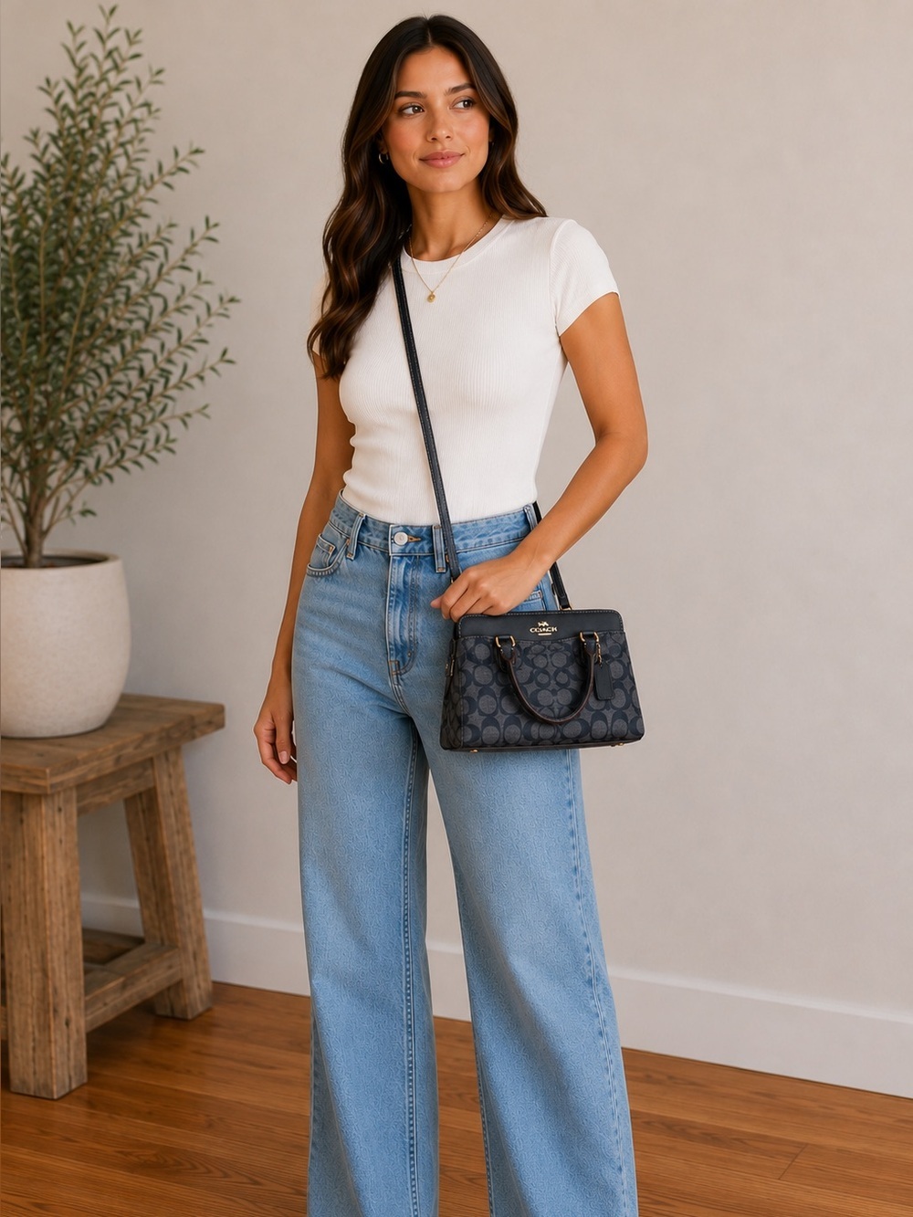 COACH Blue Signature Chambray w/navy trim Darcie Mini Carry-All W/ Gold Hardware